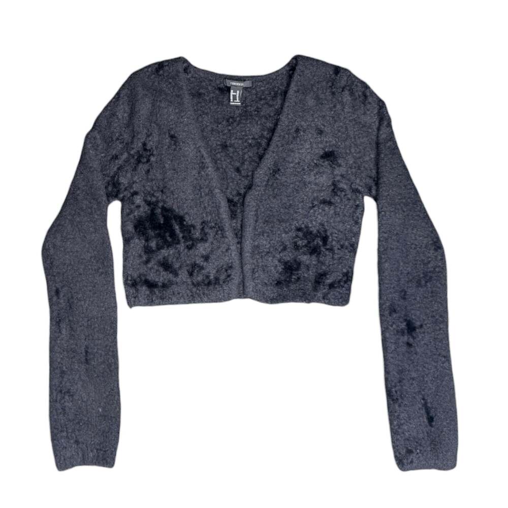 Forever 21 Fuzzy Knit Cropped Open Front Cardigan in Charcoal Grey